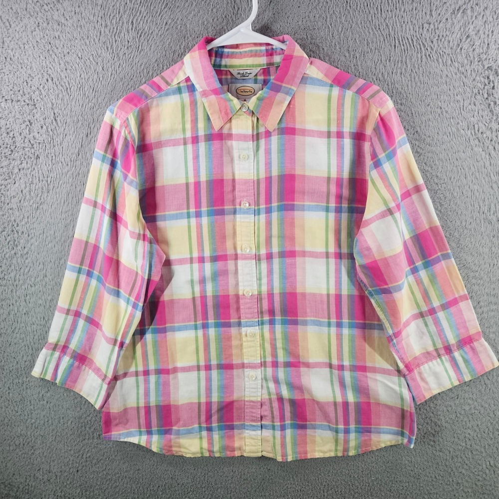 Talbots Irish Linen Blend Plaid Button Down Shirt Pink Yellow Blue Womens M